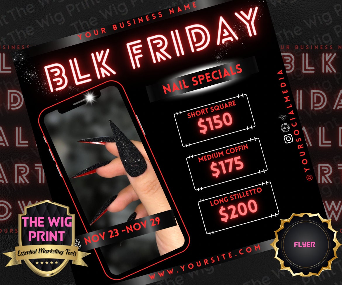 BLK Friday | 6 Flyers | Hair + Wig, Nail, Lashes, & Makeup Industry | red + black | DIY | CANVA | Instagram | Facebook