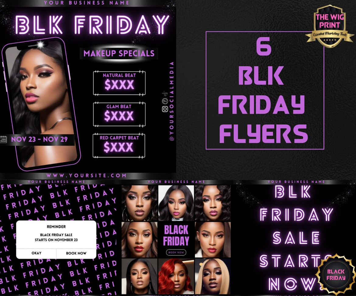 BLK Friday | 6 Flyers | Hair + Wig, Nail, Lashes, & Makeup Industry | purple + black | DIY | CANVA | Instagram | Facebook