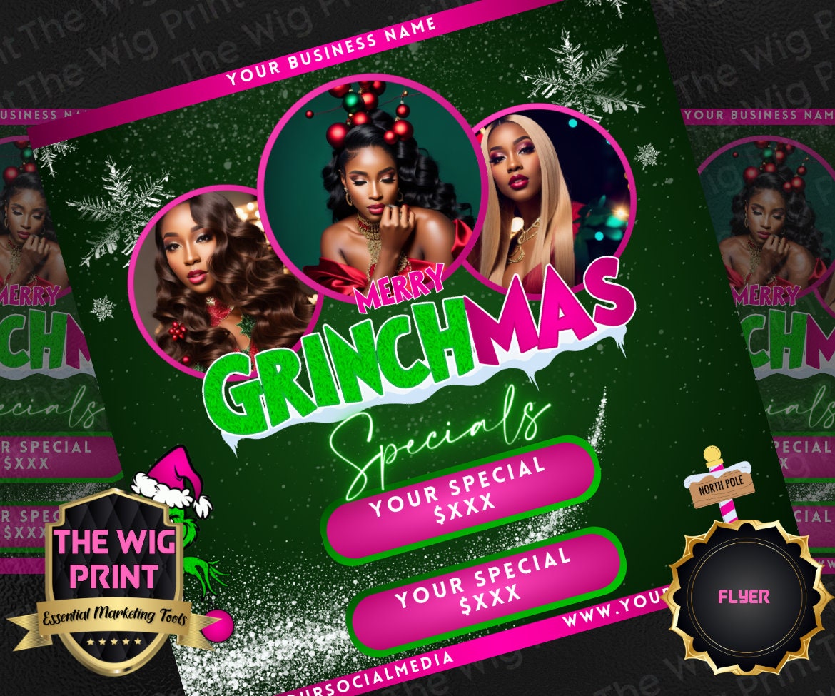 GRINCHMAS | 12 Flyers | Hair + Wig, Nail, Lashes, & Makeup Industry | Pink | DIY | CANVA | Instagram | Facebook