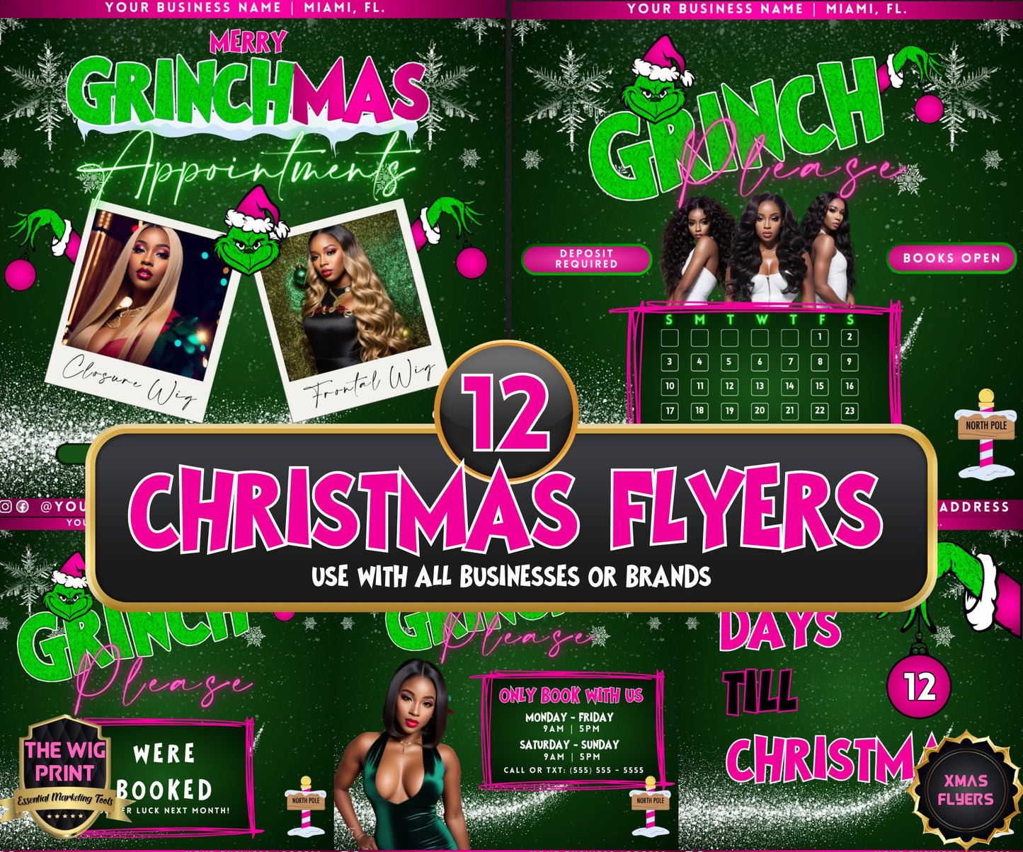 GRINCHMAS | 12 Flyers | Hair + Wig, Nail, Lashes, & Makeup Industry | Pink | DIY | CANVA | Instagram | Facebook