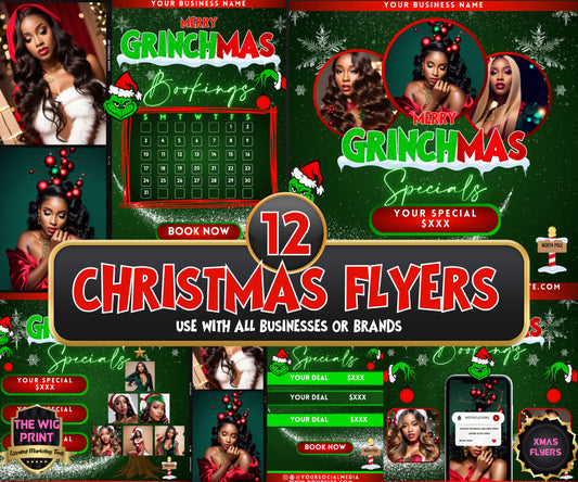 GRINCHMAS | 12 Flyers | Hair + Wig, Nail, Lashes, & Makeup Industry | Red | DIY | CANVA | Instagram | Facebook