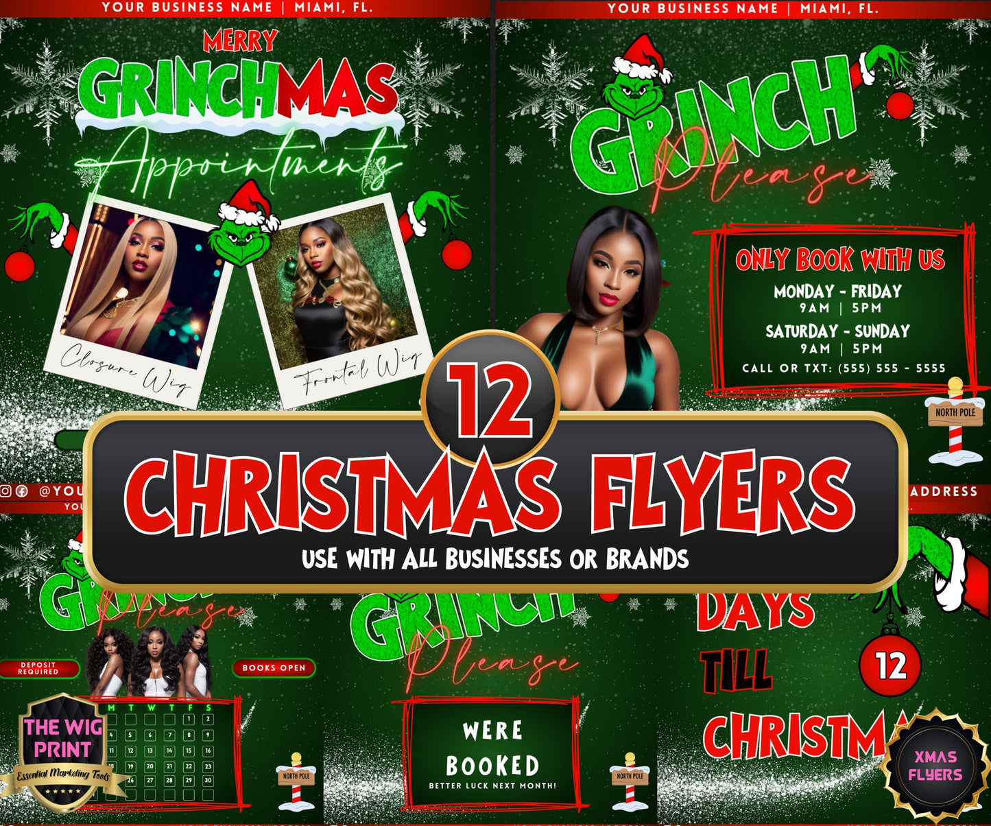 GRINCHMAS | 12 Flyers | Hair + Wig, Nail, Lashes, & Makeup Industry | Red | DIY | CANVA | Instagram | Facebook