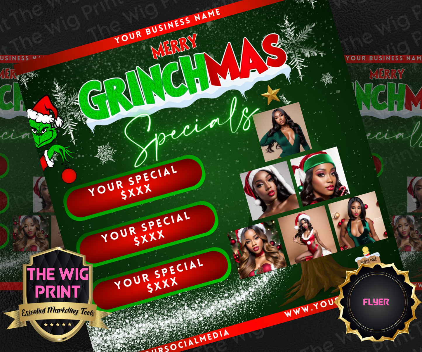 GRINCHMAS | 12 Flyers | Hair + Wig, Nail, Lashes, & Makeup Industry | Red | DIY | CANVA | Instagram | Facebook