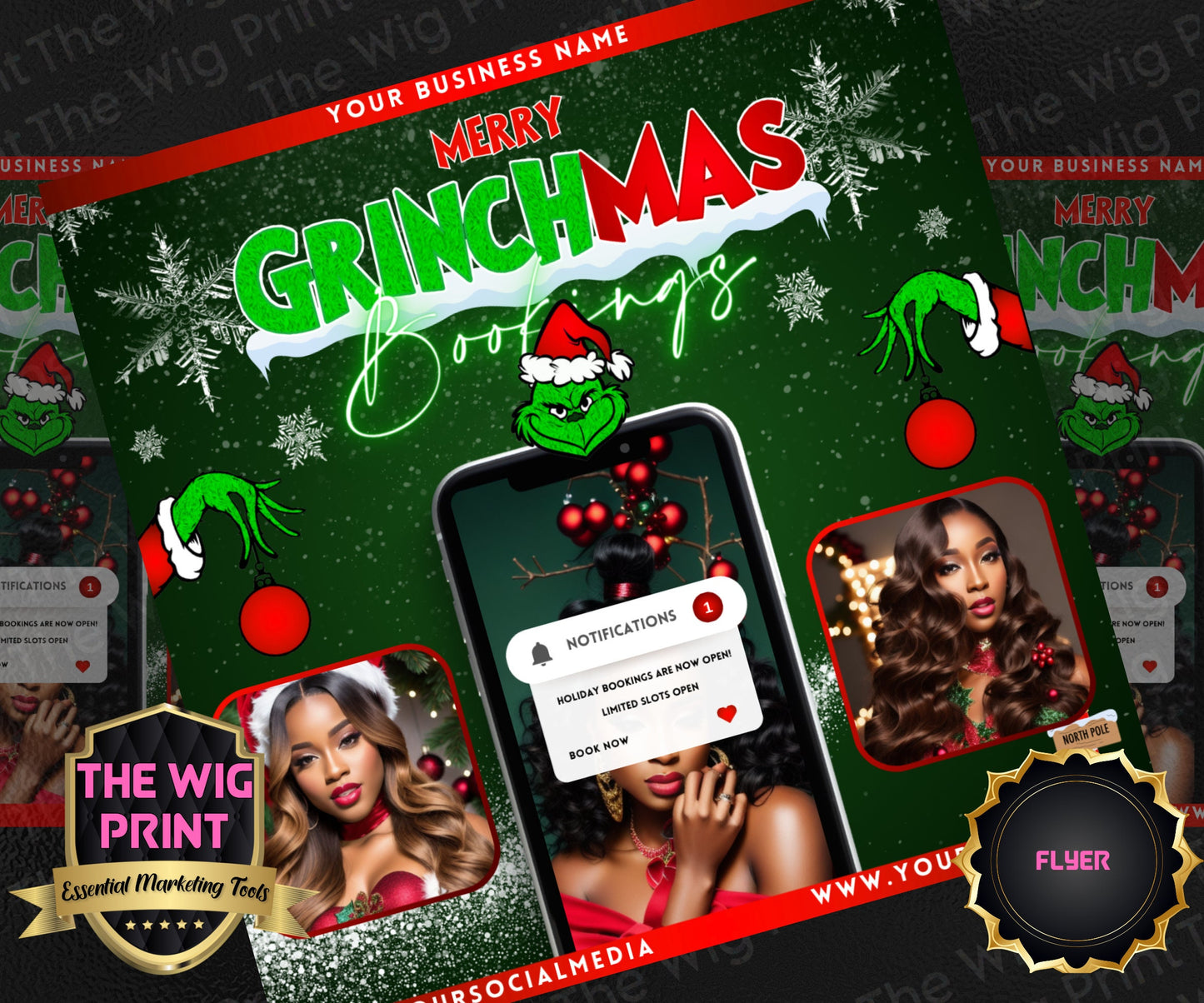 GRINCHMAS | 12 Flyers | Hair + Wig, Nail, Lashes, & Makeup Industry | Red | DIY | CANVA | Instagram | Facebook