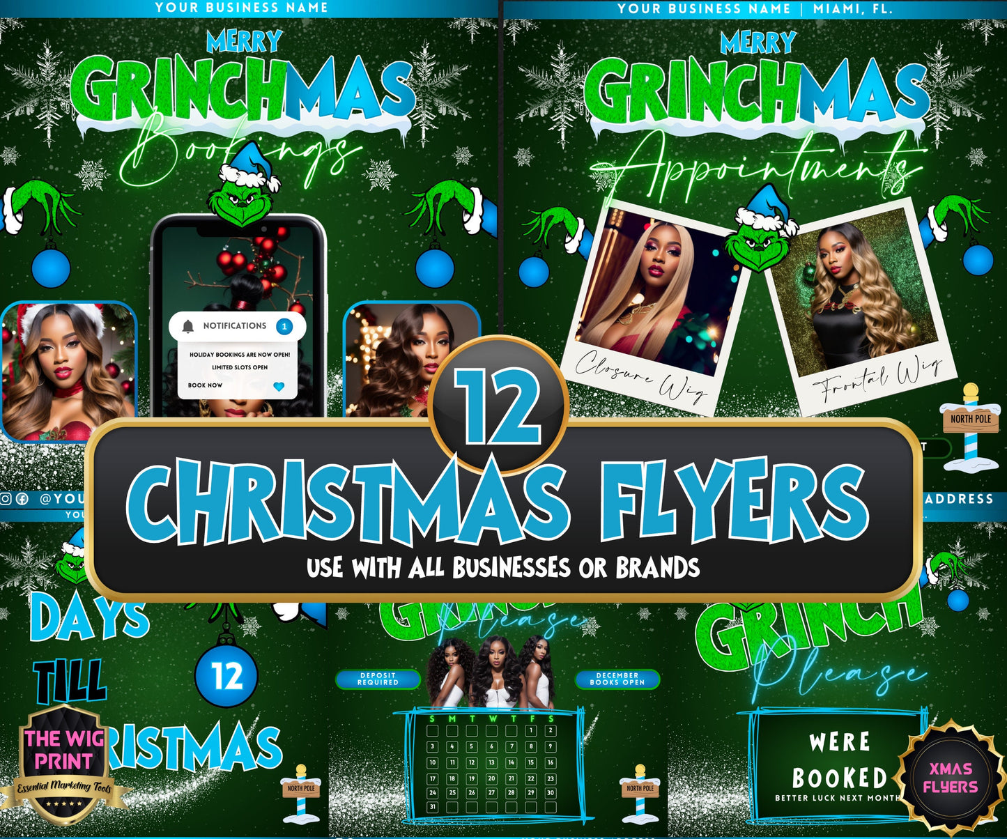 GRINCHMAS | 12 Flyers | Hair + Wig, Nail, Lashes, & Makeup Industry | Blue | DIY | CANVA | Instagram | Facebook