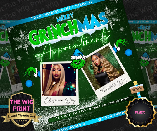 GRINCHMAS Appointments | 1 Flyers | Hair + Wig, Nail, Lashes, & Makeup Industry | Blue | DIY | CANVA | Instagram | Facebook