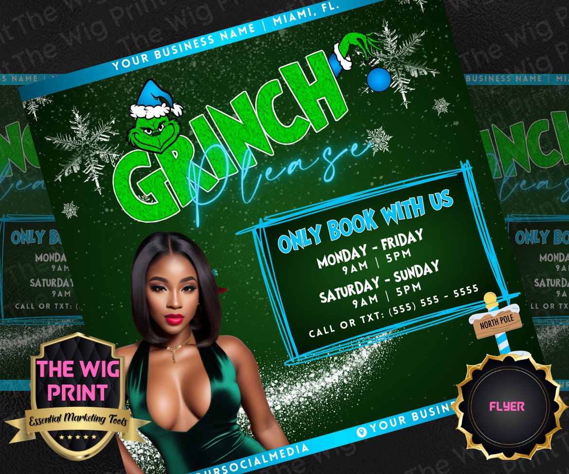 GRINCHMAS | 12 Flyers | Hair + Wig, Nail, Lashes, & Makeup Industry | Blue | DIY | CANVA | Instagram | Facebook