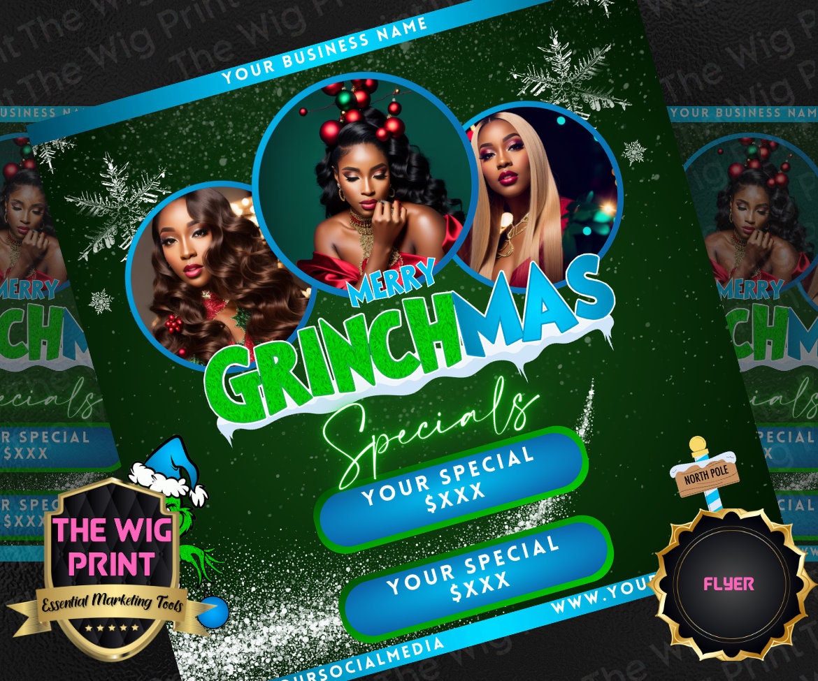 GRINCHMAS | 12 Flyers | Hair + Wig, Nail, Lashes, & Makeup Industry | Blue | DIY | CANVA | Instagram | Facebook