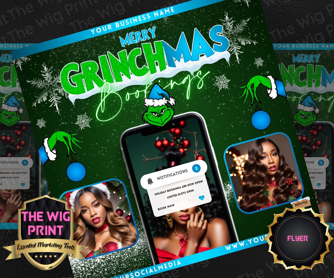 GRINCHMAS | 12 Flyers | Hair + Wig, Nail, Lashes, & Makeup Industry | Blue | DIY | CANVA | Instagram | Facebook