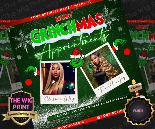 GRINCHMAS Appointments | 1 Flyers | Hair + Wig, Nail, Lashes, & Makeup Industry | Red | DIY | CANVA | Instagram | Facebook