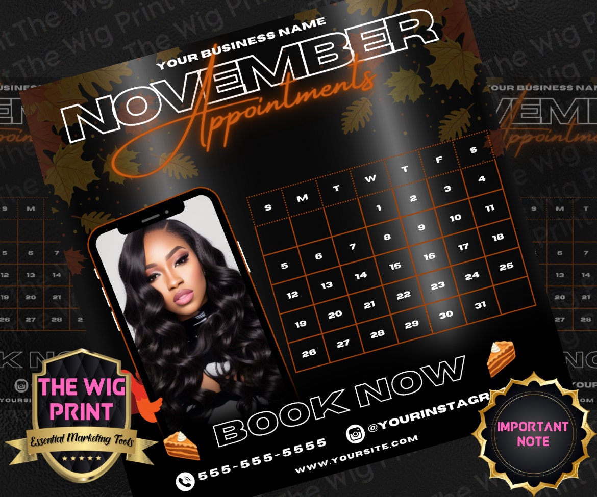 November Appointments | 4 Flyers | Hair + Wig, Nail, Lashes, & Makeup Industry | Brown + Orange | DIY | CANVA | Instagram | Facebook