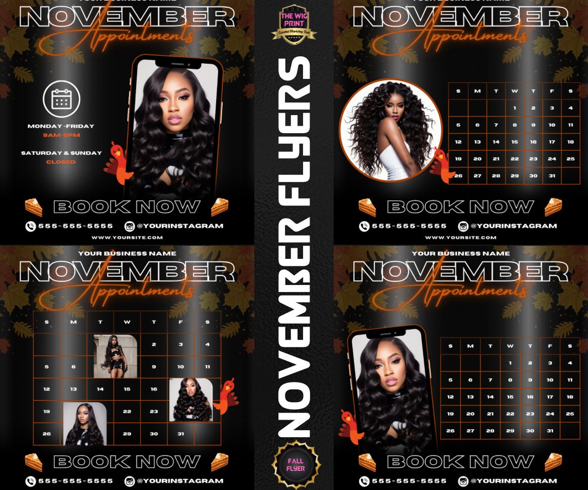 November Appointments | 4 Flyers | Hair + Wig, Nail, Lashes, & Makeup Industry | Brown + Orange | DIY | CANVA | Instagram | Facebook