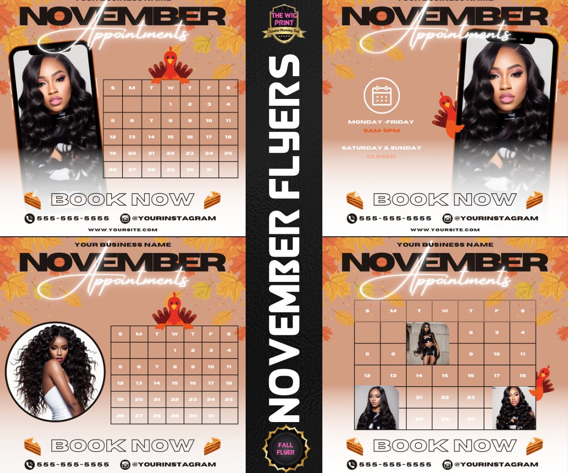 November Appointments | 4 Flyers | Hair + Wig, Nail, Lashes, & Makeup Industry | Brown + Orange | DIY | CANVA | Instagram | Facebook