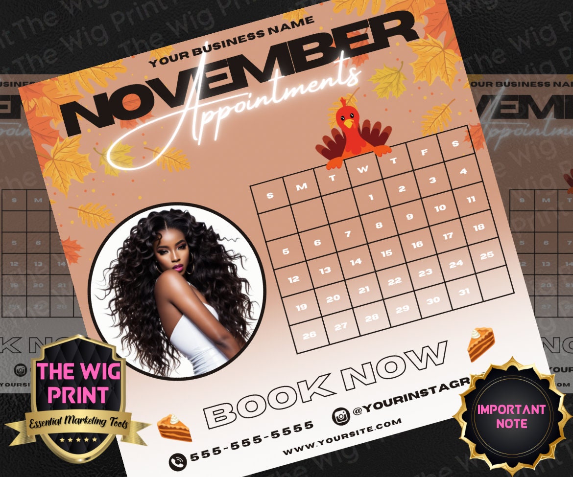 November Appointments | 4 Flyers | Hair + Wig, Nail, Lashes, & Makeup Industry | Brown + Orange | DIY | CANVA | Instagram | Facebook