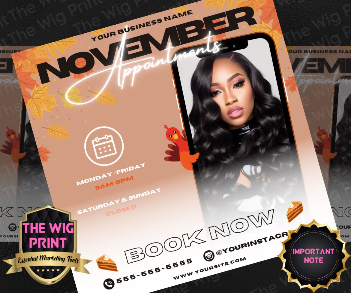 November Appointments | 4 Flyers | Hair + Wig, Nail, Lashes, & Makeup Industry | Brown + Orange | DIY | CANVA | Instagram | Facebook