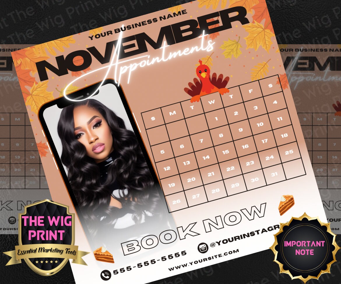 November Appointments | 4 Flyers | Hair + Wig, Nail, Lashes, & Makeup Industry | Brown + Orange | DIY | CANVA | Instagram | Facebook