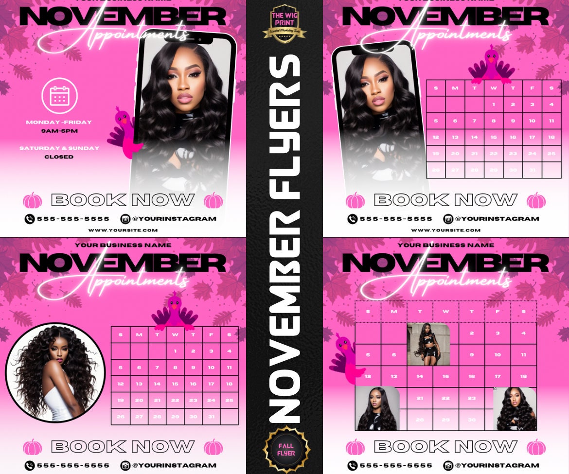 November Appointments | 4 Flyers | Hair + Wig, Nail, Lashes, & Makeup Industry | Pink | DIY | CANVA | Instagram | Facebook