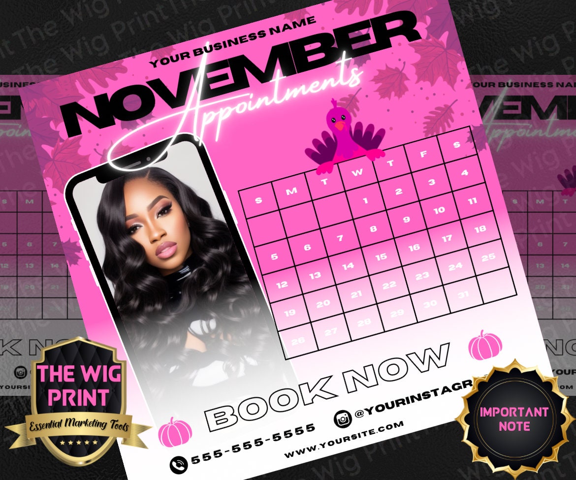 November Appointments | 4 Flyers | Hair + Wig, Nail, Lashes, & Makeup Industry | Pink | DIY | CANVA | Instagram | Facebook