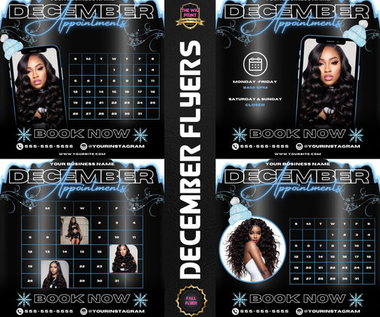 December Appointments | 4 Flyers | Hair + Wig, Nail, Lashes, & Makeup Industry | Pink | DIY | CANVA | Instagram | Facebook