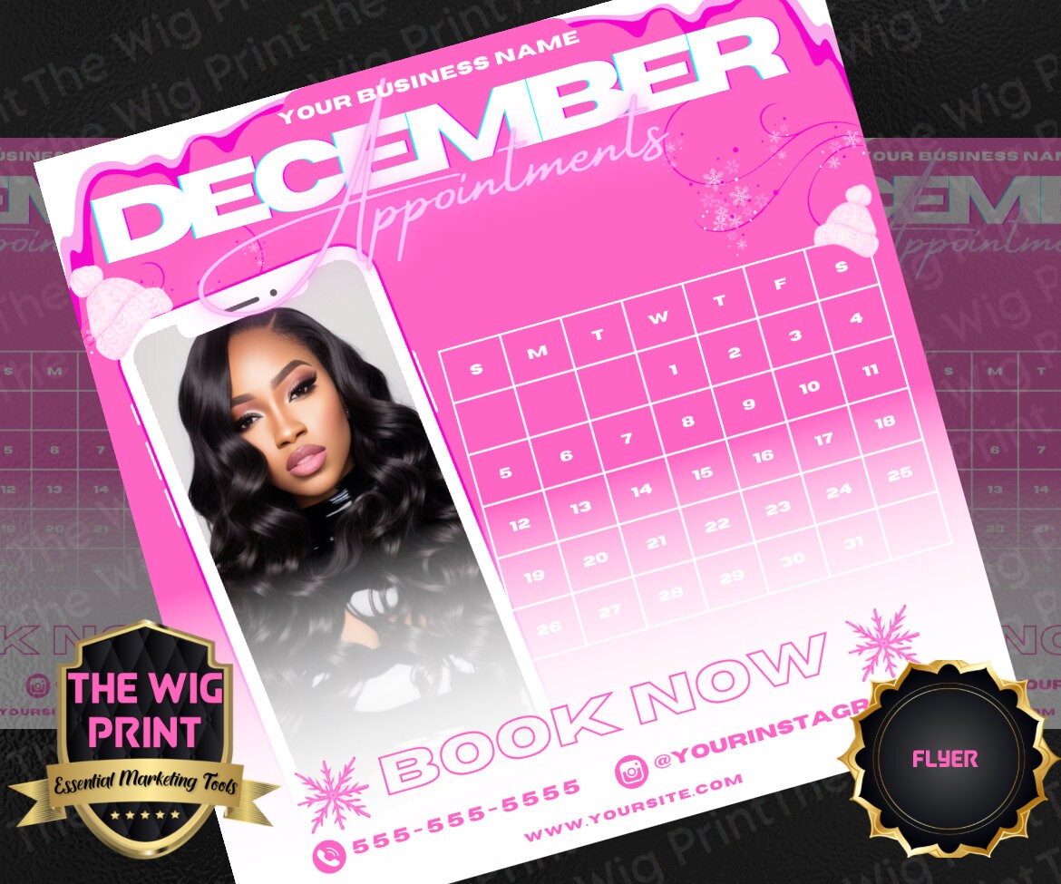 December Appointments | 4 Flyers | Hair + Wig, Nail, Lashes, & Makeup Industry | Pink | DIY | CANVA | Instagram | Facebook