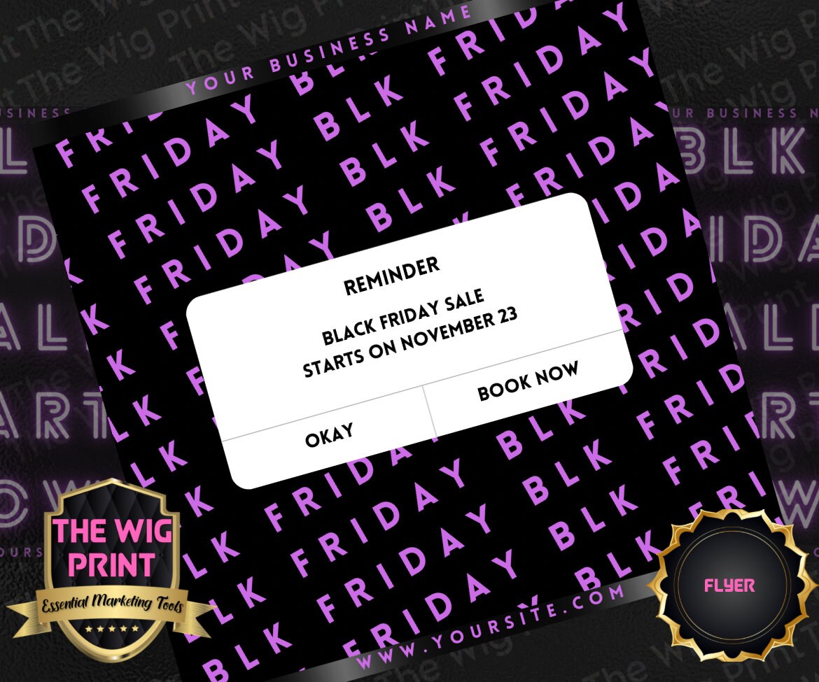 BLK Friday | 6 Flyers | Hair + Wig, Nail, Lashes, & Makeup Industry | purple + black | DIY | CANVA | Instagram | Facebook