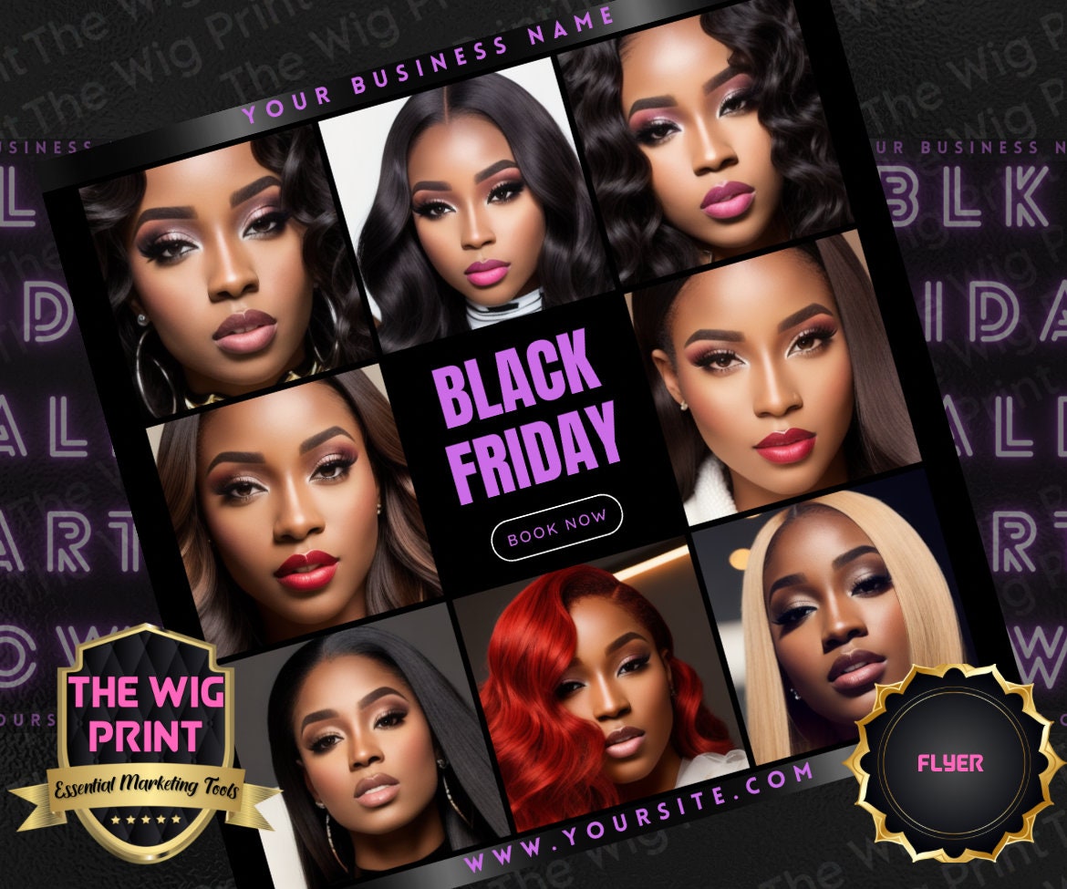 BLK Friday | 6 Flyers | Hair + Wig, Nail, Lashes, & Makeup Industry | purple + black | DIY | CANVA | Instagram | Facebook