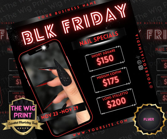 BLK Friday | Flyer | Hair + Wig, Nail, Lashes, & Makeup Industry | red + black | DIY | CANVA | Instagram | Facebook