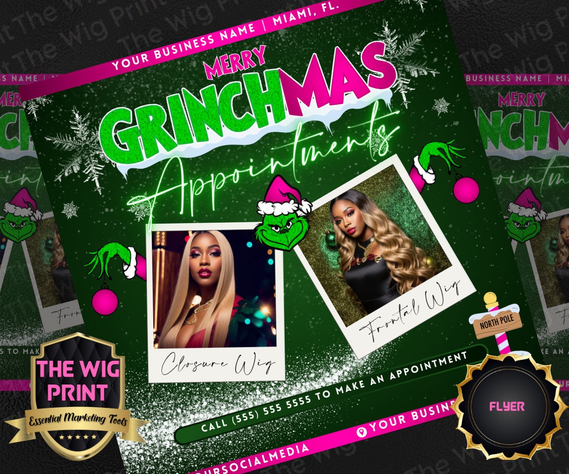 GRINCHMAS | 12 Flyers | Hair + Wig, Nail, Lashes, & Makeup Industry | Pink | DIY | CANVA | Instagram | Facebook