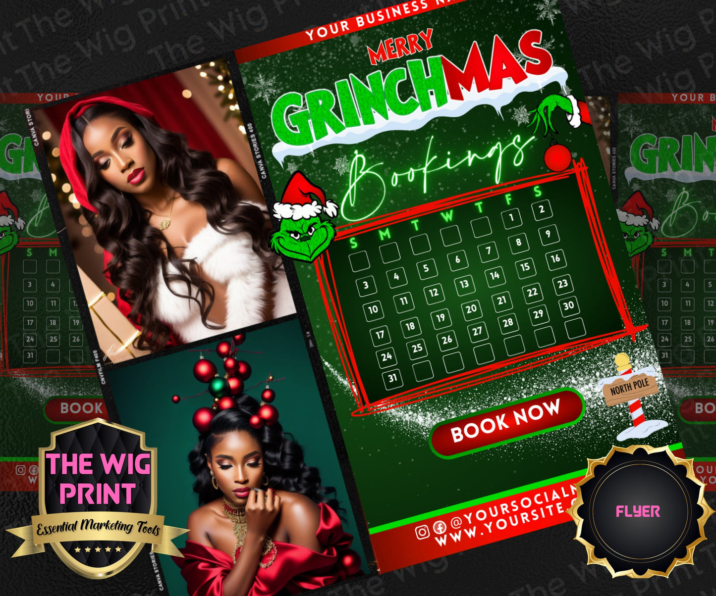 GRINCHMAS | 12 Flyers | Hair + Wig, Nail, Lashes, & Makeup Industry | Red | DIY | CANVA | Instagram | Facebook