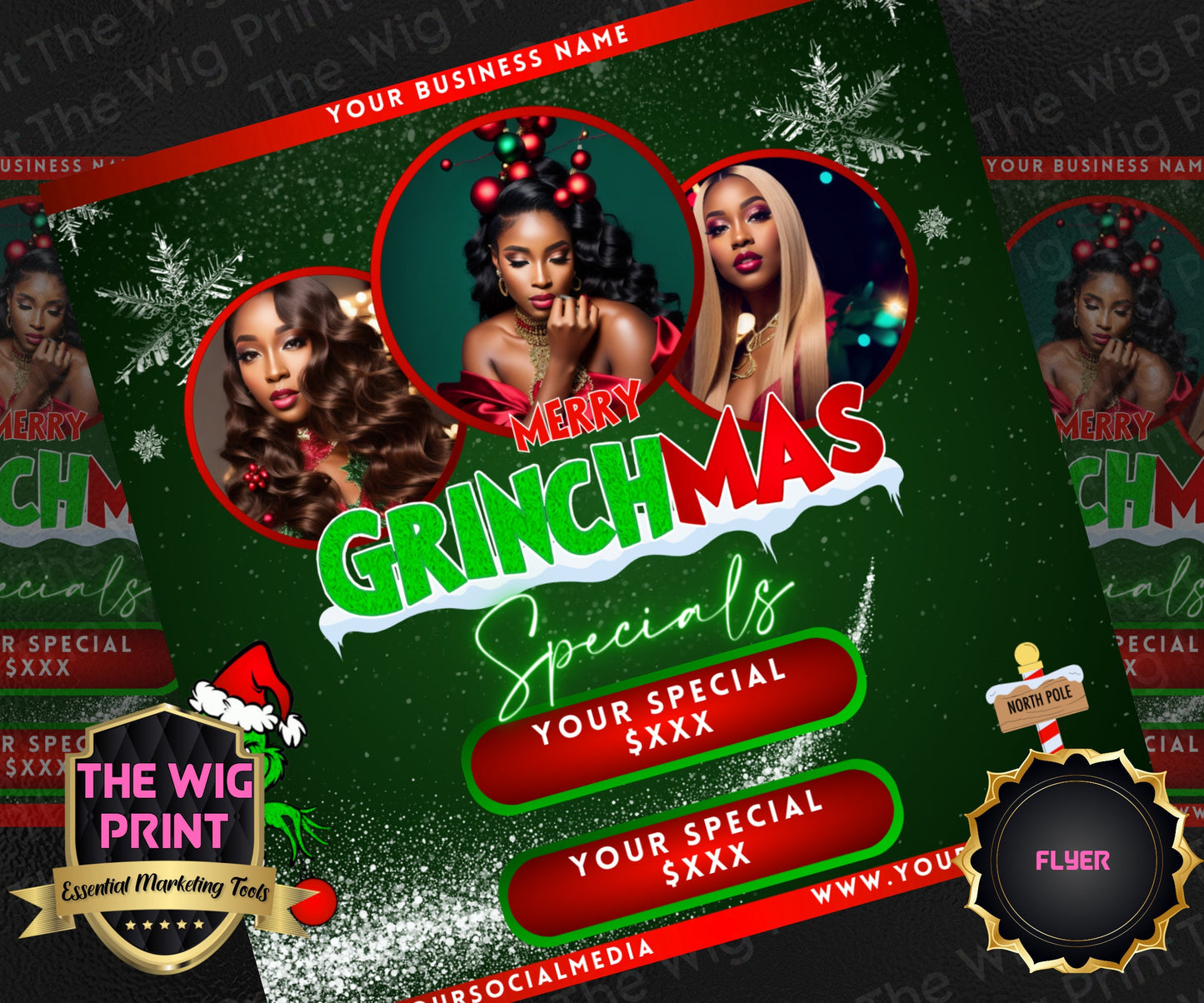 GRINCHMAS | 12 Flyers | Hair + Wig, Nail, Lashes, & Makeup Industry | Red | DIY | CANVA | Instagram | Facebook