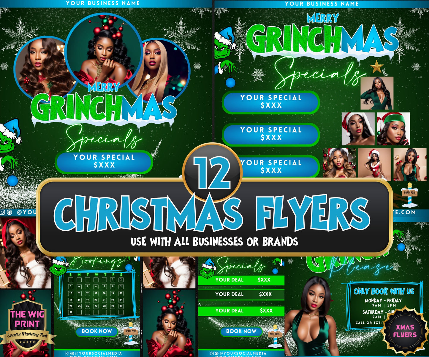 GRINCHMAS | 12 Flyers | Hair + Wig, Nail, Lashes, & Makeup Industry | Blue | DIY | CANVA | Instagram | Facebook