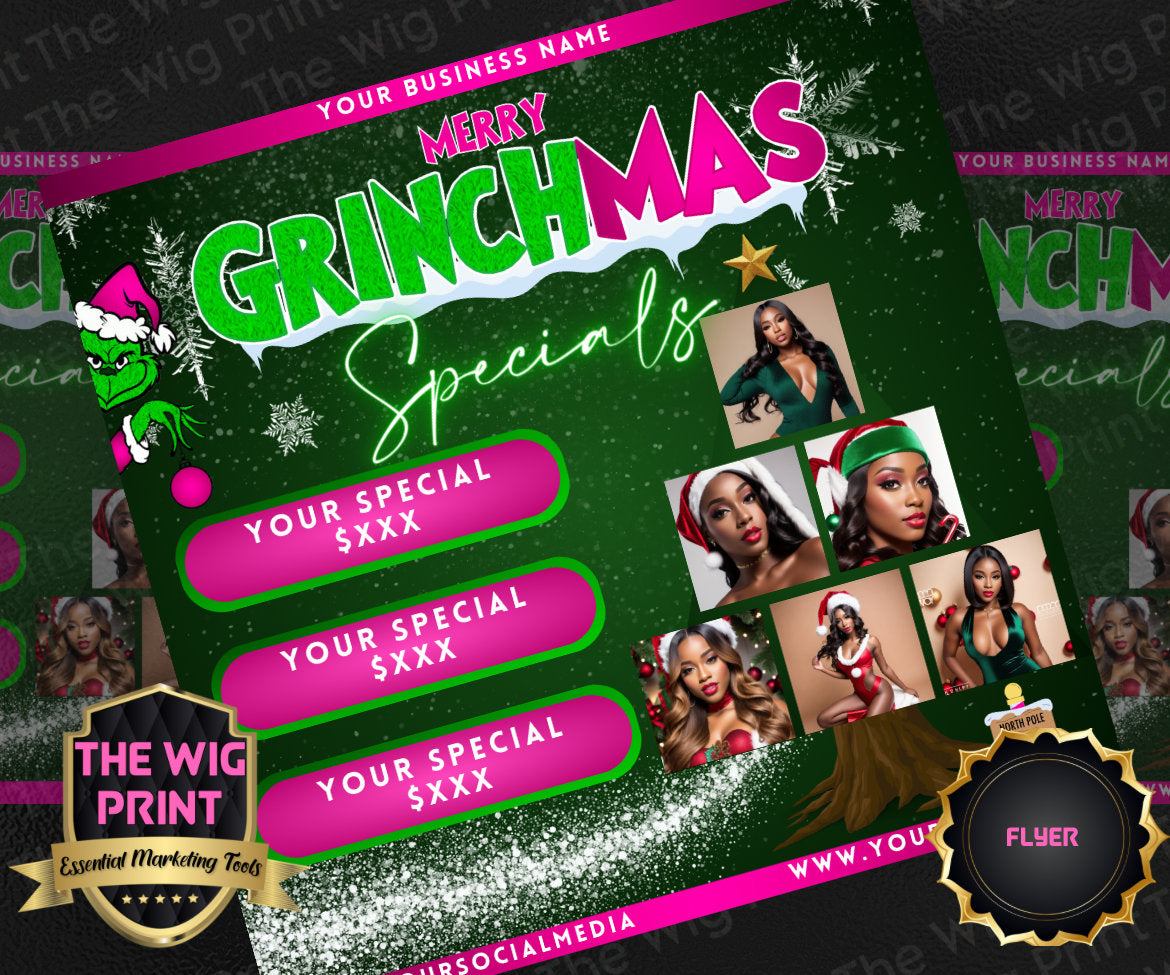 GRINCHMAS Specials | 1 Flyer | Hair + Wig, Nail, Lashes, & Makeup Industry | Pink | DIY | CANVA | Instagram | Facebook