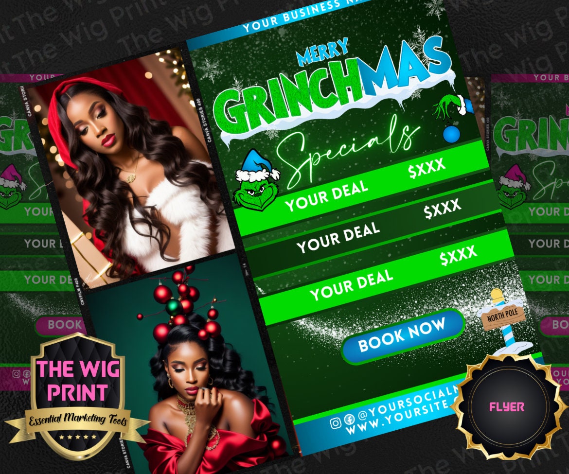 GRINCHMAS Deals | 1 Flyers | Hair + Wig, Nail, Lashes, & Makeup Industry | Blue | DIY | CANVA | Instagram | Facebook