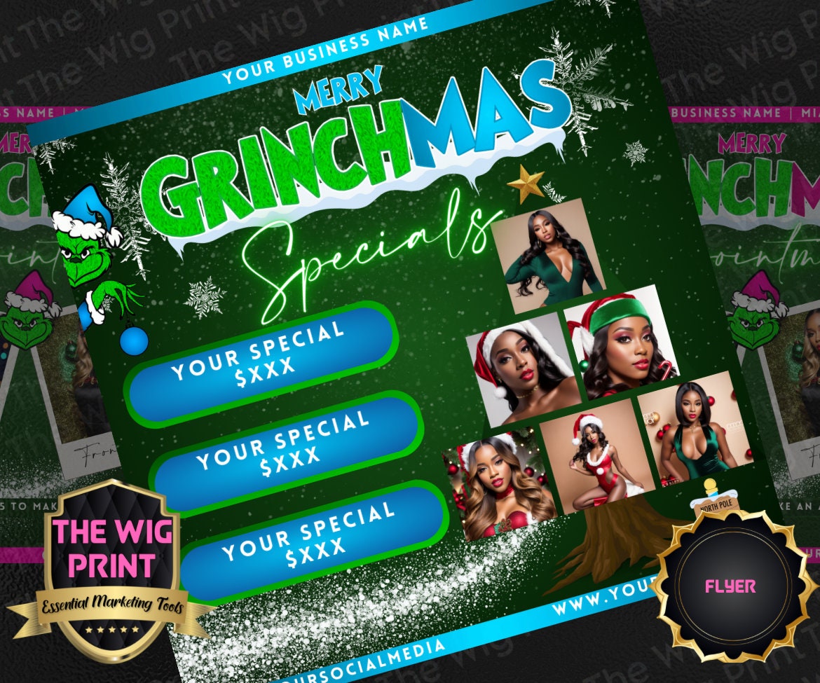 GRINCHMAS Specials | 1 Flyers | Hair + Wig, Nail, Lashes, & Makeup Industry | Blue | DIY | CANVA | Instagram | Facebook