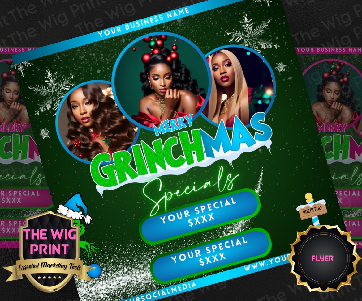 GRINCHMAS Specials | 1 Flyers | Hair + Wig, Nail, Lashes, & Makeup Industry | Blue | DIY | CANVA | Instagram | Facebook