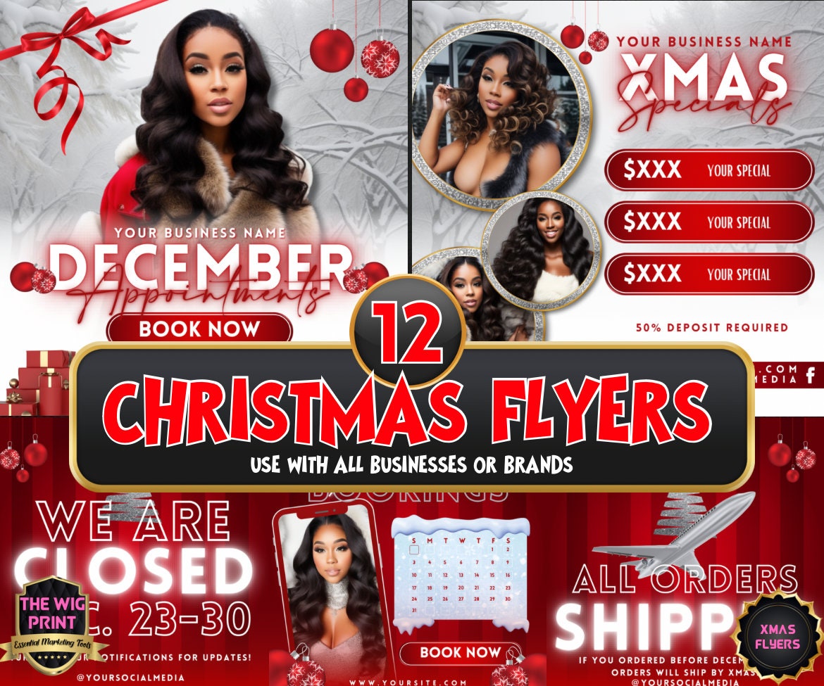 December XMAS | 12 Flyers | Hair + Wig, Nail, Lashes, & Makeup Industry | Pink | DIY | CANVA | Instagram | Facebook