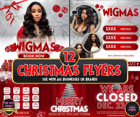 WIGMAS XMas Bundle | 12 Flyers | Hair + Wig, Nail, Lashes, & Makeup Industry | Pink | DIY | CANVA | Instagram | Facebook