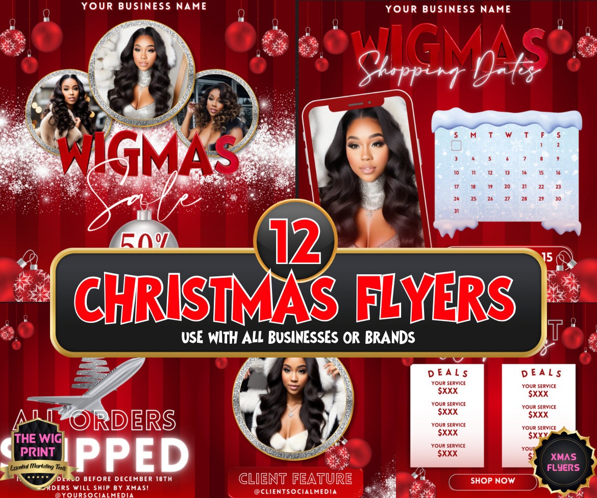 WIGMAS XMas Bundle | 12 Flyers | Hair + Wig, Nail, Lashes, & Makeup Industry | Pink | DIY | CANVA | Instagram | Facebook