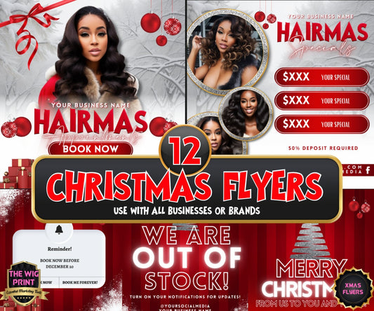 HAIRMAS XMas Bundle | 12 Flyers | Hair + Wig, Nail, Lashes, & Makeup Industry | Pink | DIY | CANVA | Instagram | Facebook