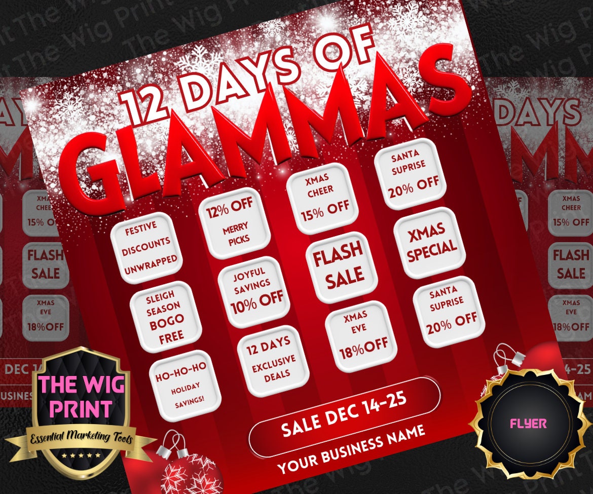 GLAMMAS XMas Bundle | 12 Flyers | Hair + Wig, Nail, Lashes, & Makeup Industry | Pink | DIY | CANVA | Instagram | Facebook