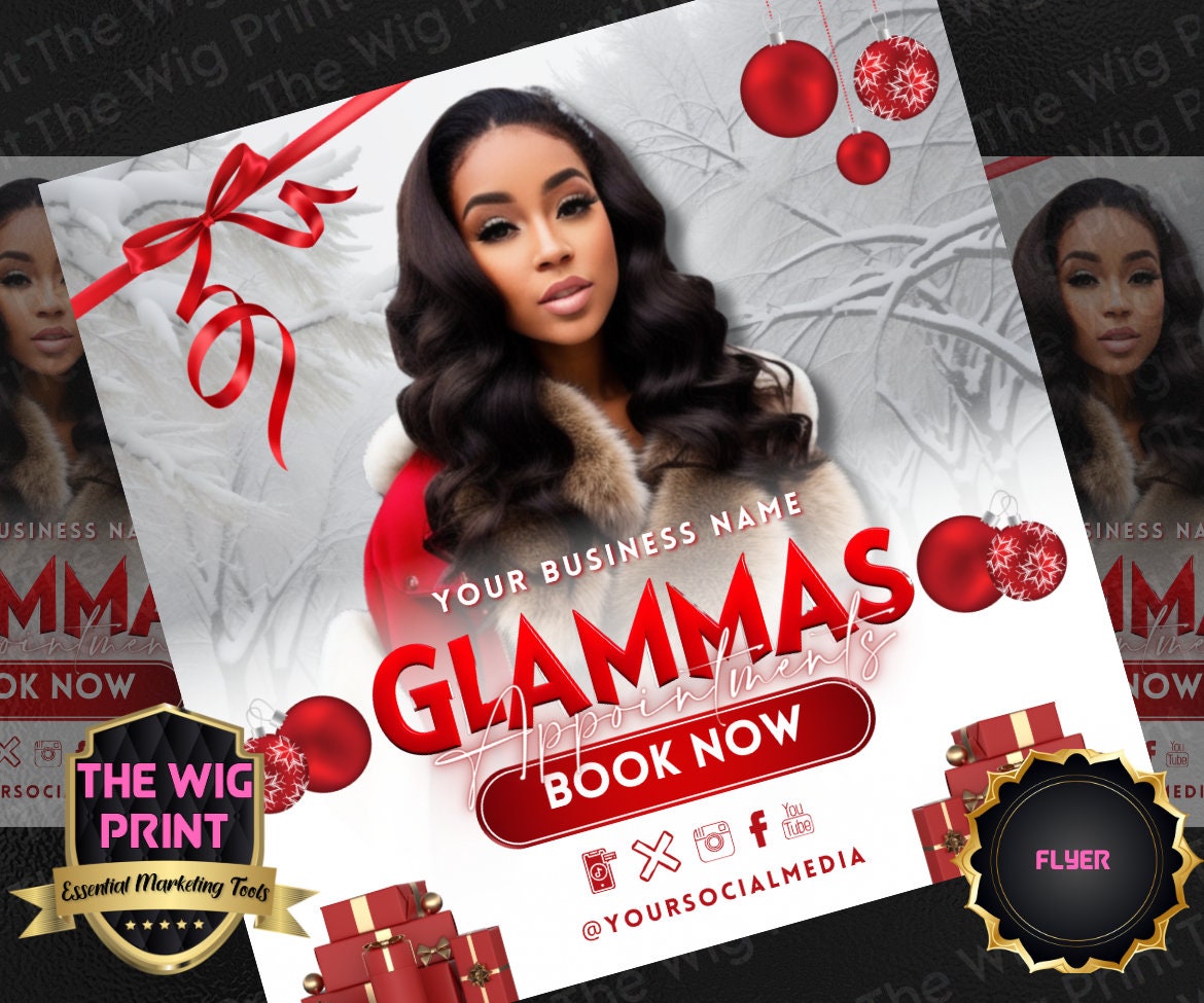 GLAMMAS XMas Bundle | 12 Flyers | Hair + Wig, Nail, Lashes, & Makeup Industry | Pink | DIY | CANVA | Instagram | Facebook