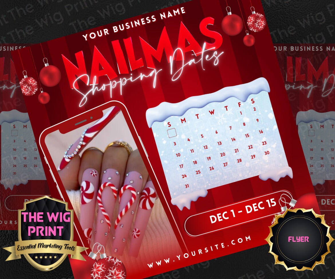 NAILMAS XMas Bundle | 12 Flyers | Hair + Wig, Nail, Lashes, & Makeup Industry | Pink | DIY | CANVA | Instagram | Facebook