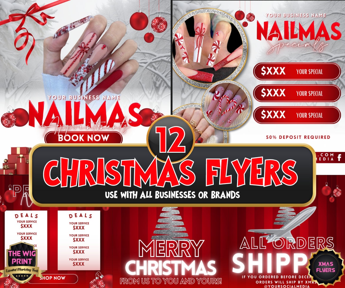 NAILMAS XMas Bundle | 12 Flyers | Hair + Wig, Nail, Lashes, & Makeup Industry | Pink | DIY | CANVA | Instagram | Facebook