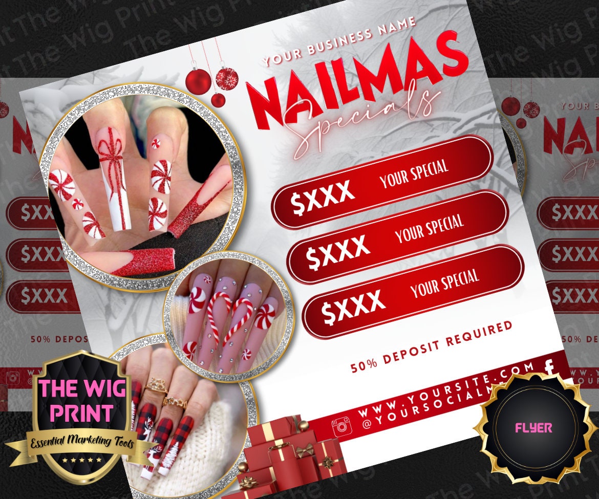 NAILMAS XMas Bundle | 12 Flyers | Hair + Wig, Nail, Lashes, & Makeup Industry | Pink | DIY | CANVA | Instagram | Facebook