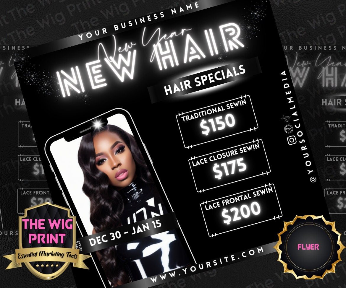 New Year New Hair 2024 | 4 Flyers | Hair + Wig, Nail, Lashes, & Makeup Industry | White | DIY | CANVA | Instagram | Facebook