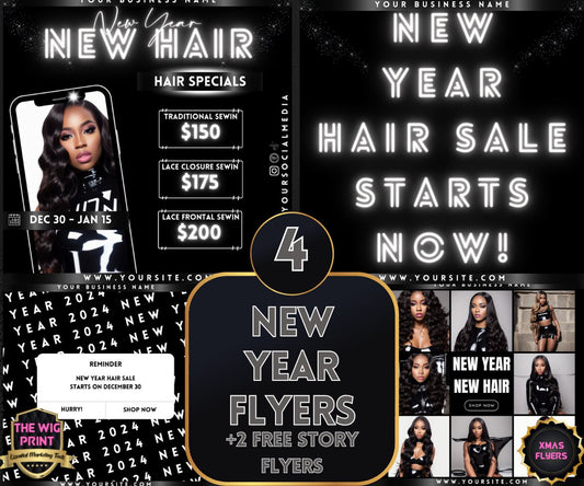 New Year New Hair 2024 | 4 Flyers | Hair + Wig, Nail, Lashes, & Makeup Industry | White | DIY | CANVA | Instagram | Facebook