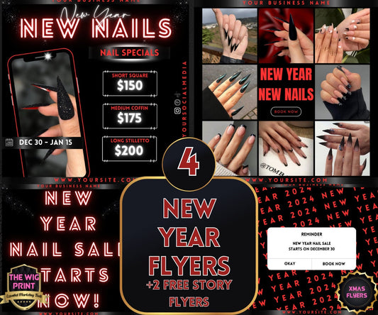 New Year New Nails 2024 | 4 Flyers | Hair + Wig, Nail, Lashes, & Makeup Industry | Pink | DIY | CANVA | Instagram | Facebook