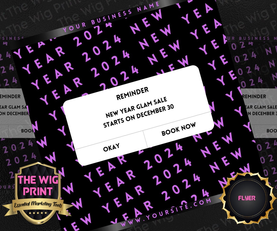 New Year New Glam 2024 | 4 Flyers | Hair + Wig, Nail, Lashes, & Makeup Industry | Pink | DIY | CANVA | Instagram | Facebook