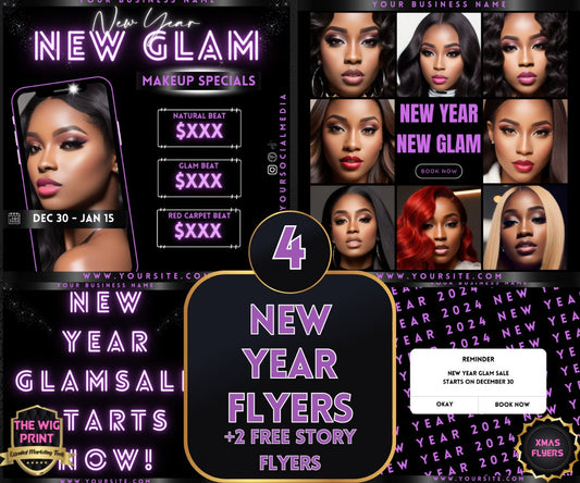 New Year New Glam 2024 | 4 Flyers | Hair + Wig, Nail, Lashes, & Makeup Industry | Pink | DIY | CANVA | Instagram | Facebook