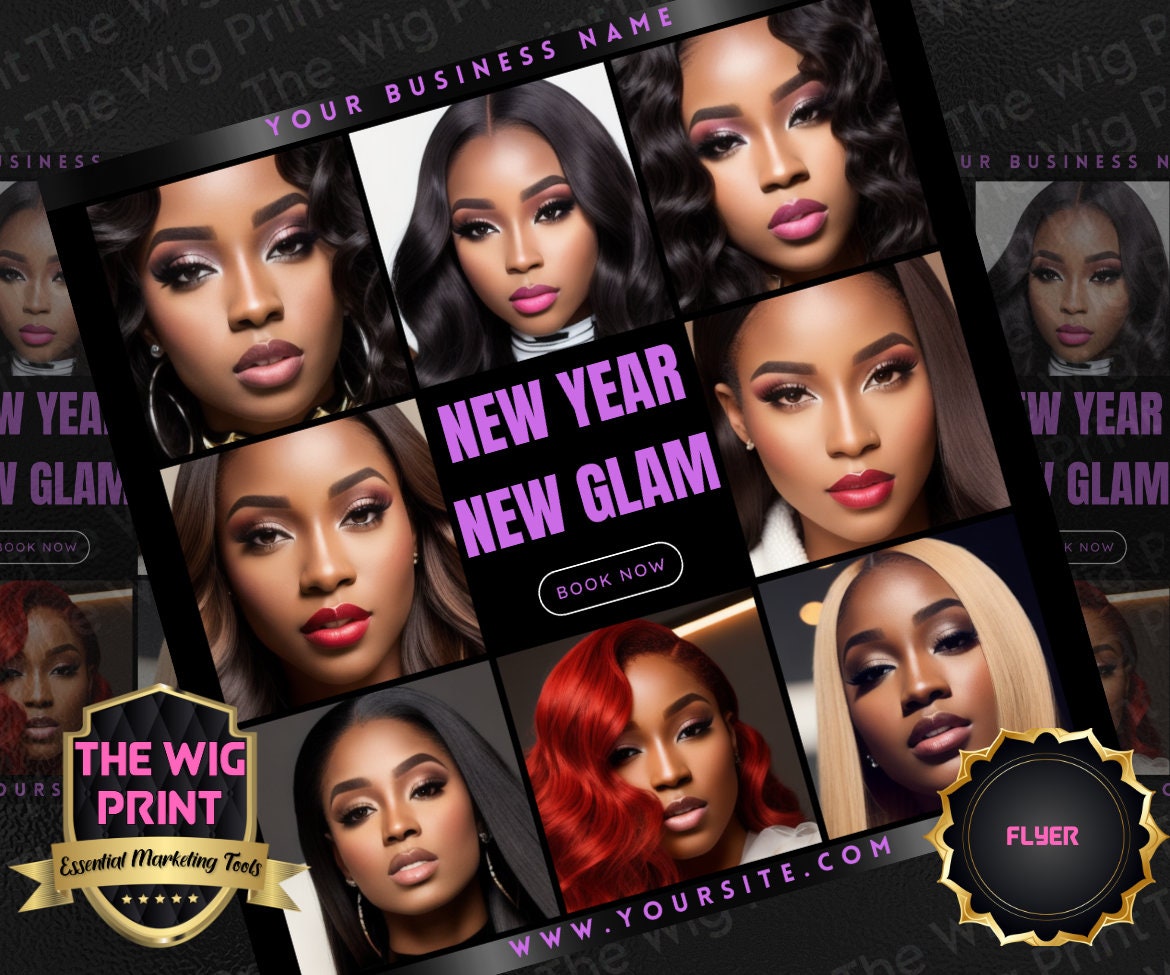 New Year New Glam 2024 | 4 Flyers | Hair + Wig, Nail, Lashes, & Makeup Industry | Pink | DIY | CANVA | Instagram | Facebook